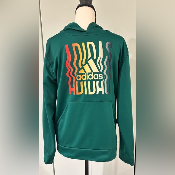 ADIDAS Size 14/16 Boys Green Hooded Sweatshirt with Pockets and Colorful Logo - Picture 3 of 6